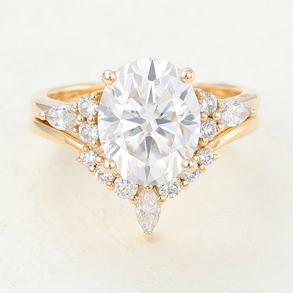 3.0 CT Oval Moissanite Cluster Bridal Ring Set - farrellouise