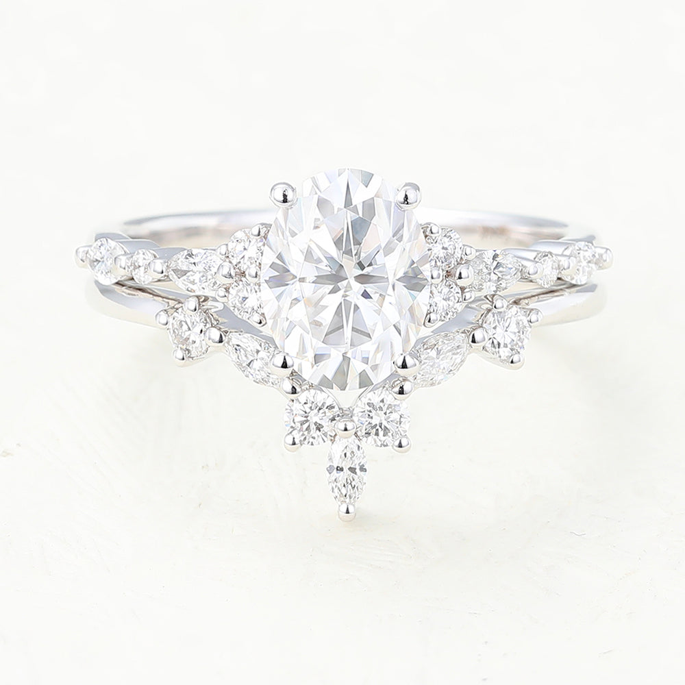 1.33 CT Oval Moissanite Cluster Bridal Ring Set - farrellouise