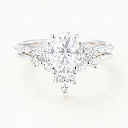 1.33 CT Oval Moissanite Cluster Bridal Ring Set - farrellouise