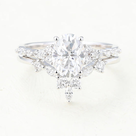 1.33 CT Oval Moissanite Cluster Bridal Ring Set - farrellouise