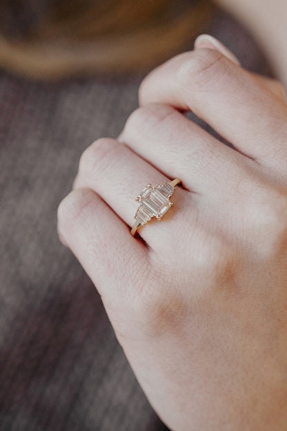 1.55 CT Emerald Cut Cluster Moissanite Engagement Ring - farrellouise