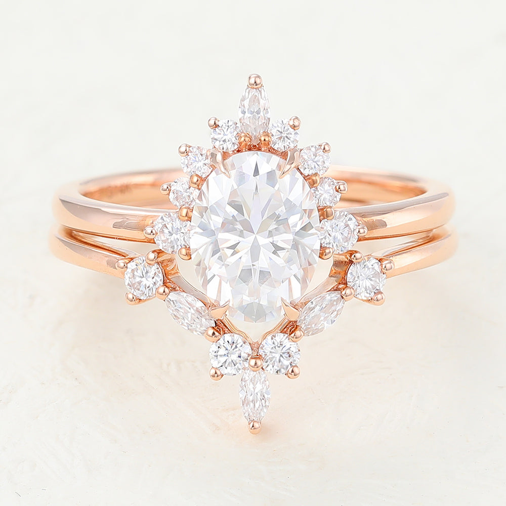 1.33 CT Oval Moissanite Cluster Bridal Ring Set - farrellouise
