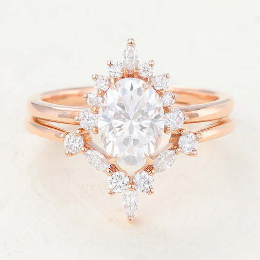 1.33 CT Oval Moissanite Cluster Bridal Ring Set - farrellouise