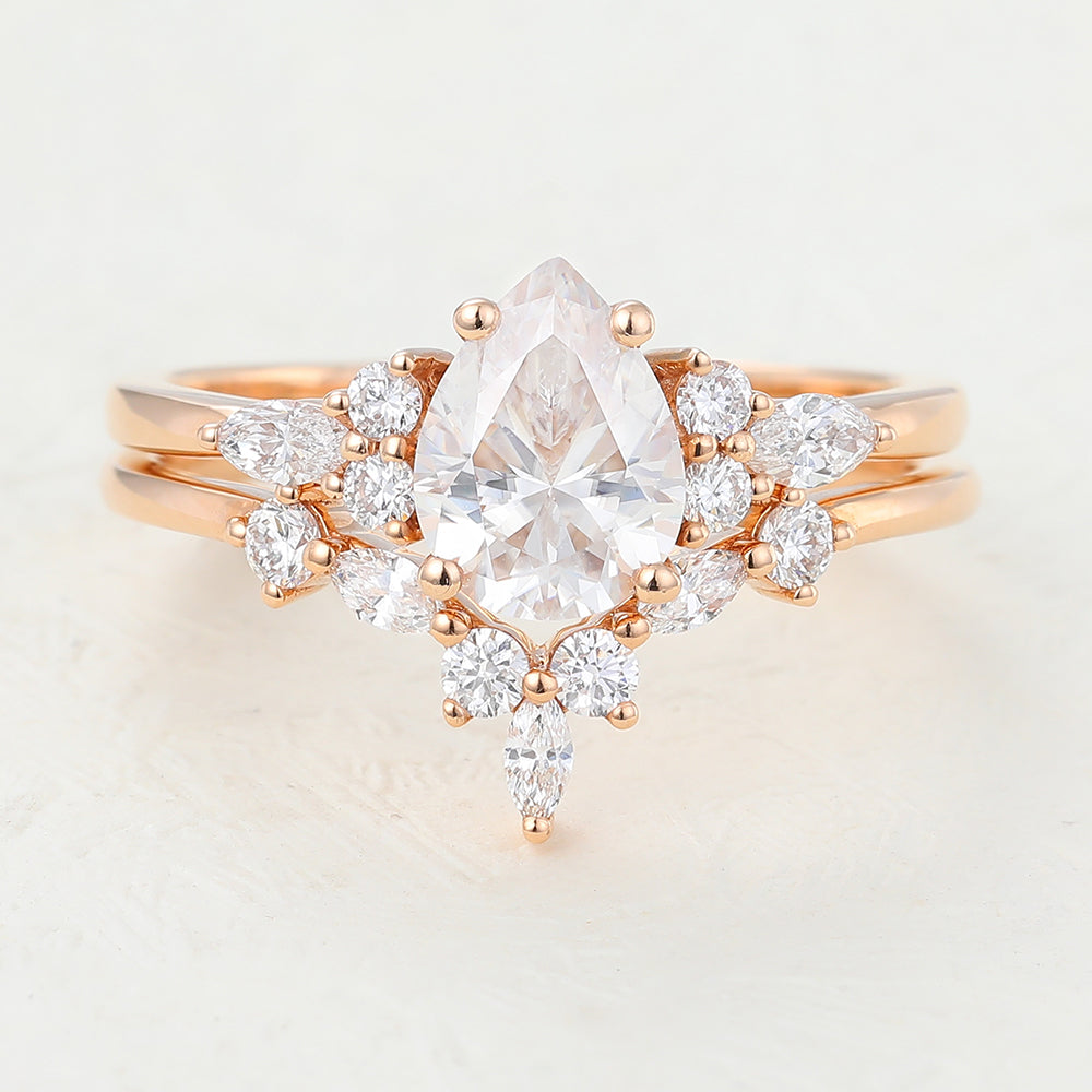 1.20 CT Pear Moissanite Cluster Bridal Ring Set - farrellouise