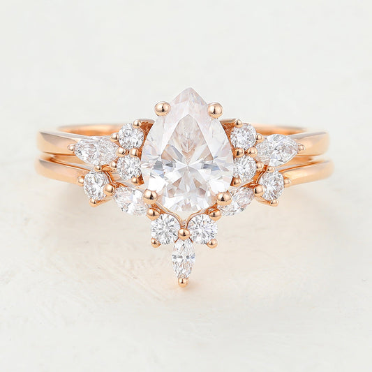 1.20 CT Pear Moissanite Cluster Bridal Ring Set - farrellouise