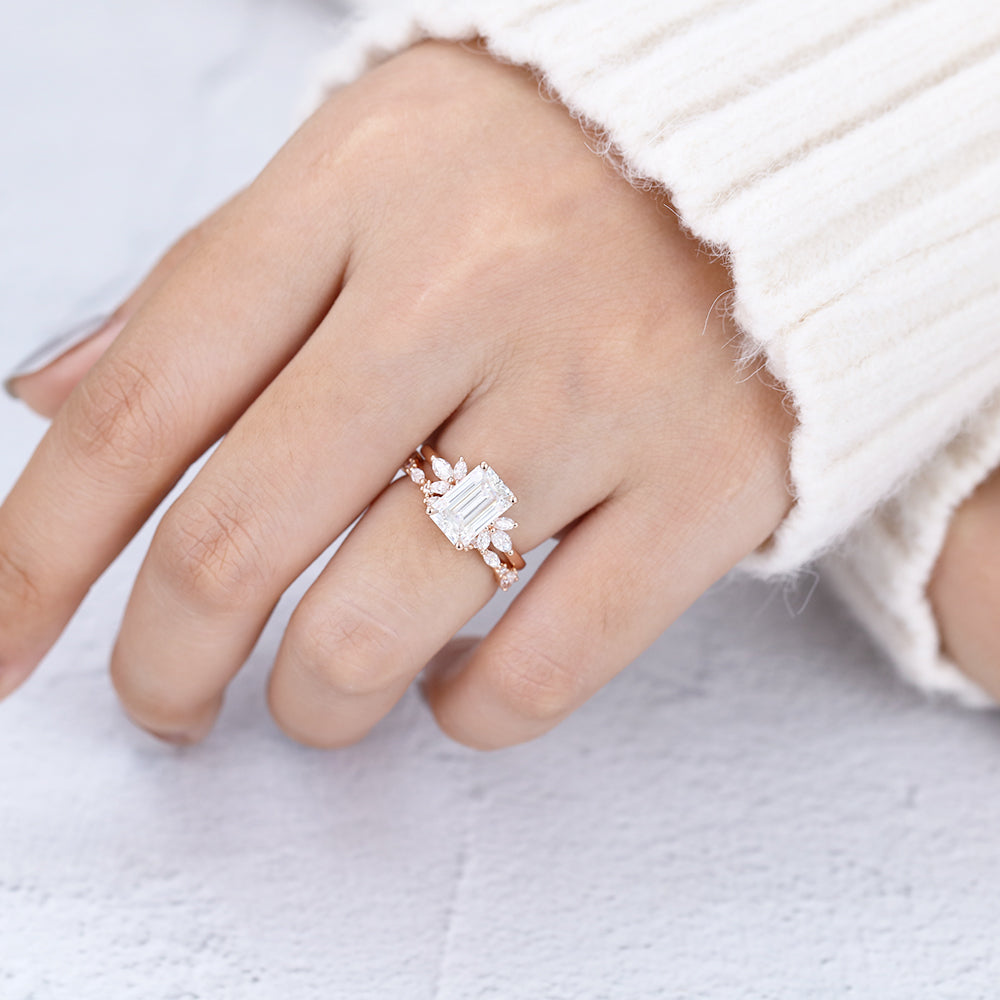 1.89 CT Emerald Moissanite Cluster Bridal Ring Set - farrellouise