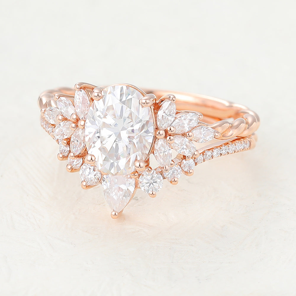 1.33 CT Oval Moissanite Cluster Bridal Ring Set - farrellouise