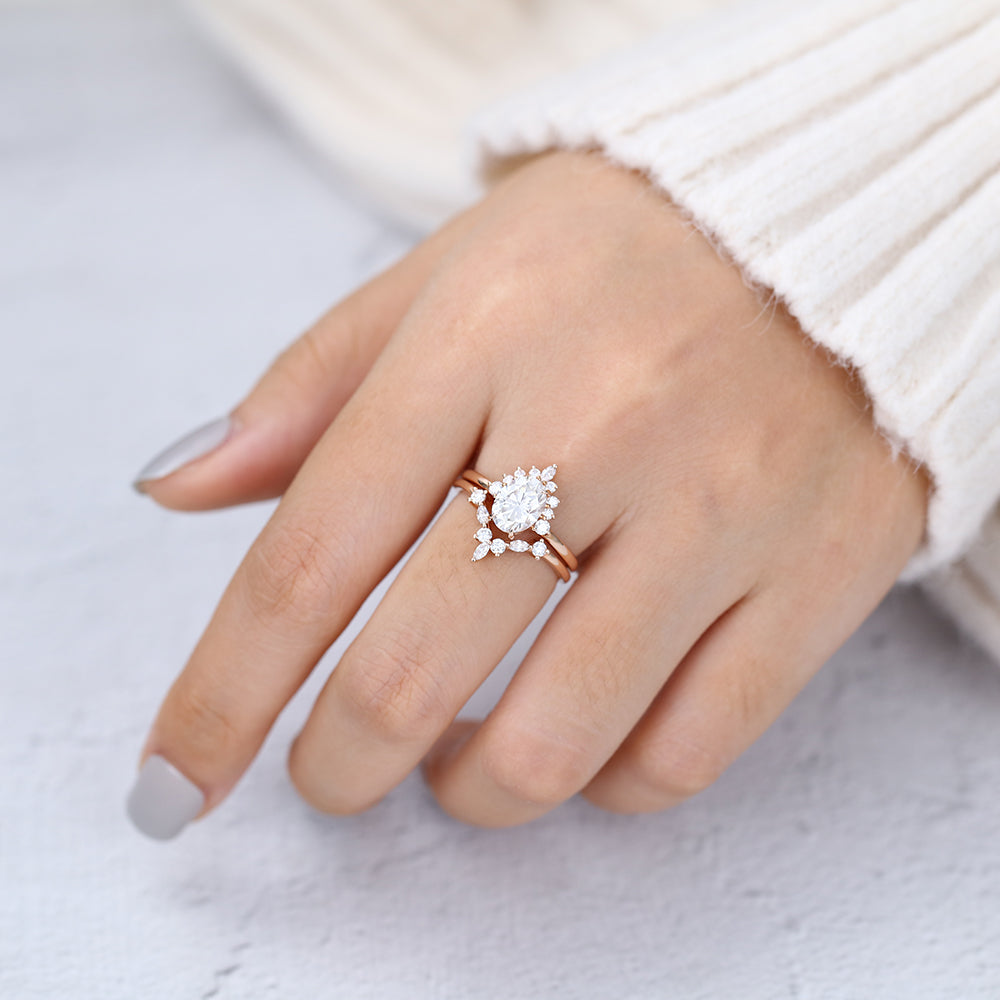 1.33 CT Oval Moissanite Cluster Bridal Ring Set - farrellouise