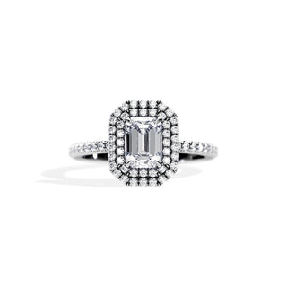 1.0 CT Emerald Cut Moissanite Pave & Double Halo Engagement Ring