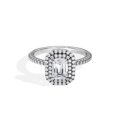 1.0 CT Emerald Cut Moissanite Pave & Double Halo Engagement Ring