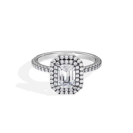 1.0 CT Emerald Cut Moissanite Pave & Double Halo Engagement Ring