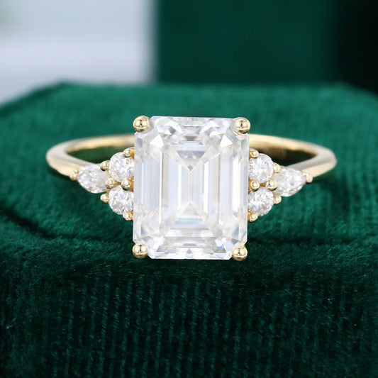 3.50 CT Emerald Shaped Moissanite Cluster Engagement Ring - farrellouise