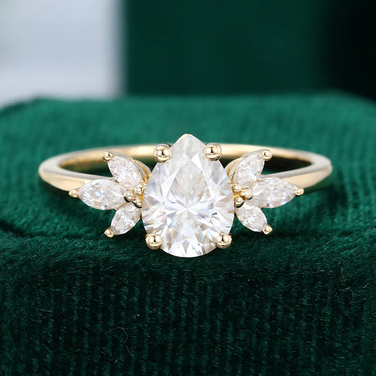 1.0 CT Pear Shaped Moissanite Cluster Engagement Ring - farrellouise