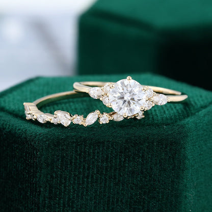0.88 CT Round Moissanite Cluster Bridal Ring Set - farrellouise