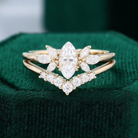 0.47 CT Marquise Moissanite Cluster Bridal Ring Set - farrellouise