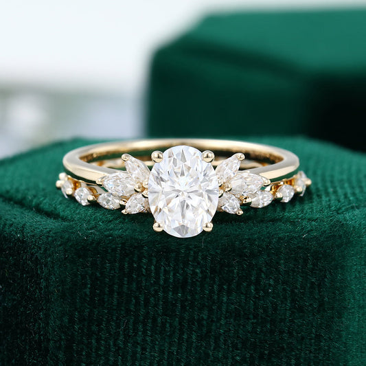 1.33 CT Oval Moissanite Cluster Bridal Ring Set - farrellouise