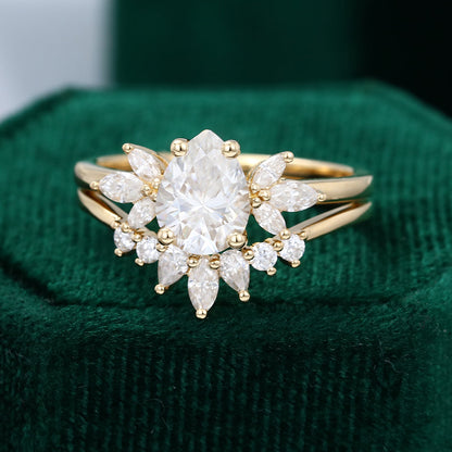 1.0 CT Pear Moissanite Cluster Bridal Ring Set - farrellouise