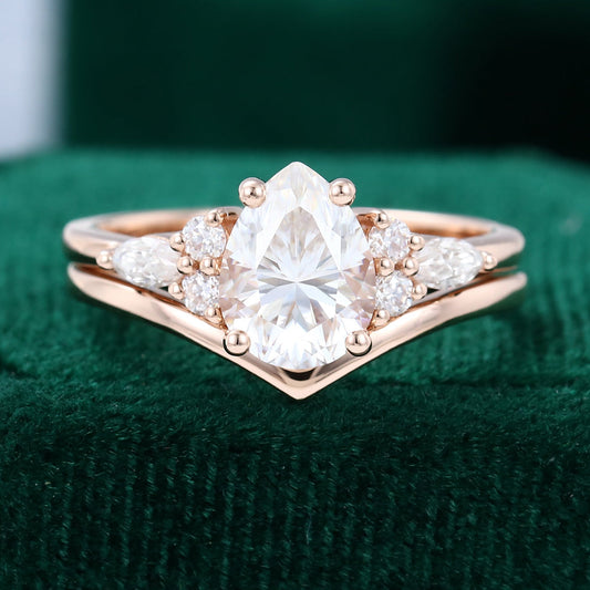 1.50 CT Pear Moissanite Cluster Bridal Ring Set - farrellouise