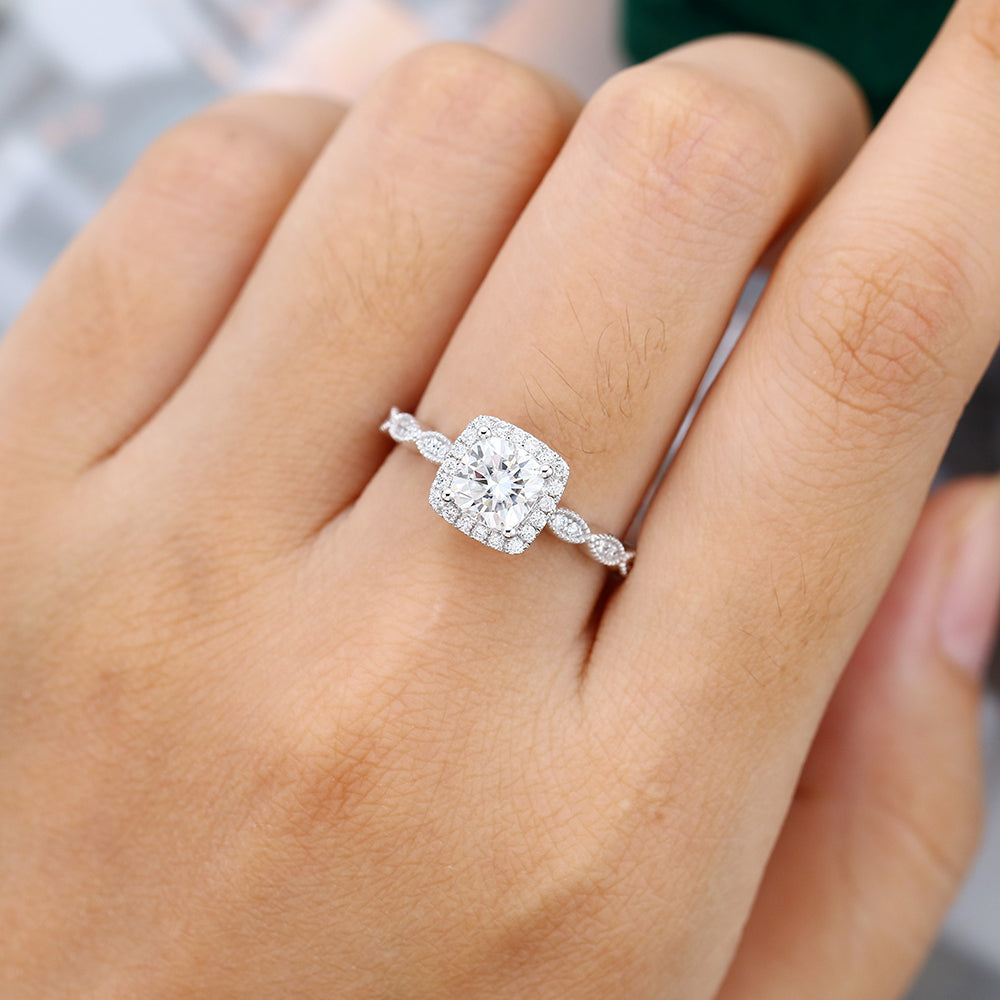 0.96 CT Cushion Shaped Moissanite Halo Engagement Ring - farrellouise