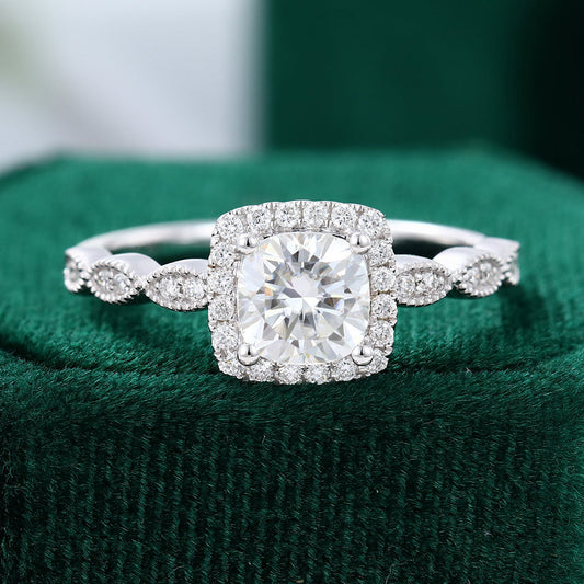 0.96 CT Cushion Shaped Moissanite Halo Engagement Ring - farrellouise