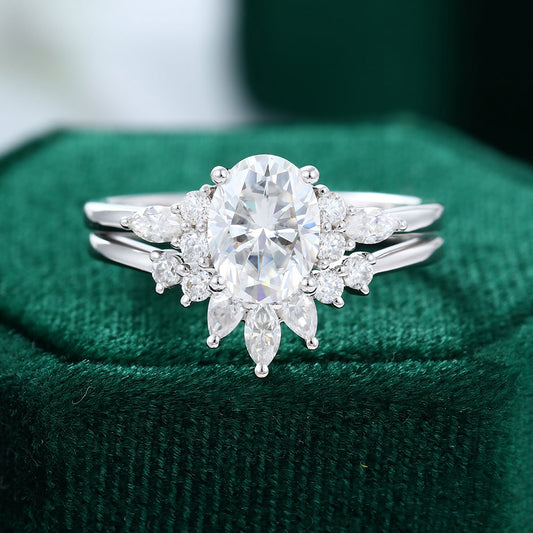 1.33 CT Oval Moissanite Cluster Bridal Ring Set - farrellouise