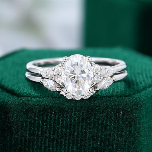 1.33 CT Oval Moissanite Cluster Bridal Ring Set - farrellouise