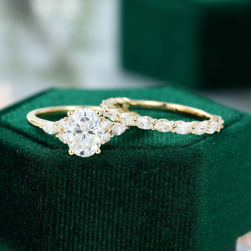 1.33 CT Oval Moissanite Cluster Bridal Ring Set - farrellouise