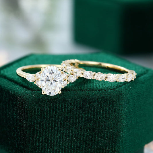 1.33 CT Oval Moissanite Cluster Bridal Ring Set - farrellouise