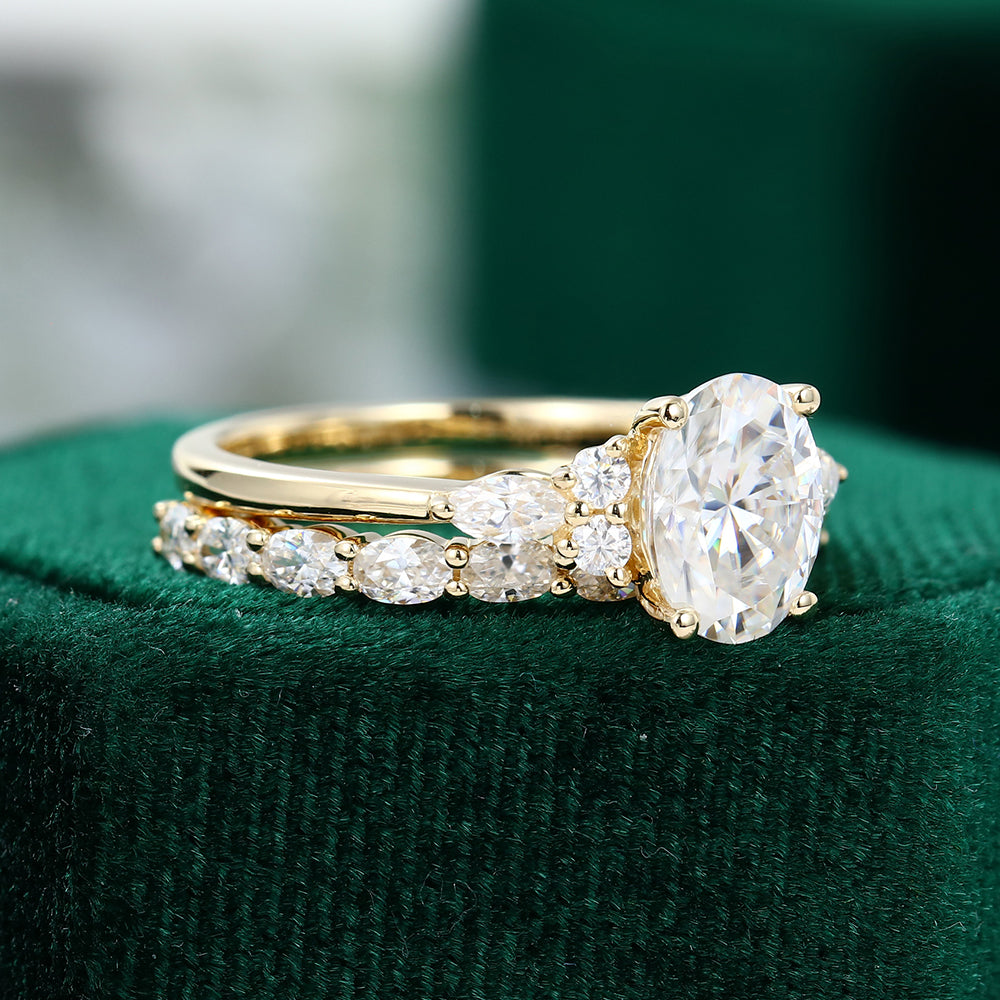 1.33 CT Oval Moissanite Cluster Bridal Ring Set - farrellouise