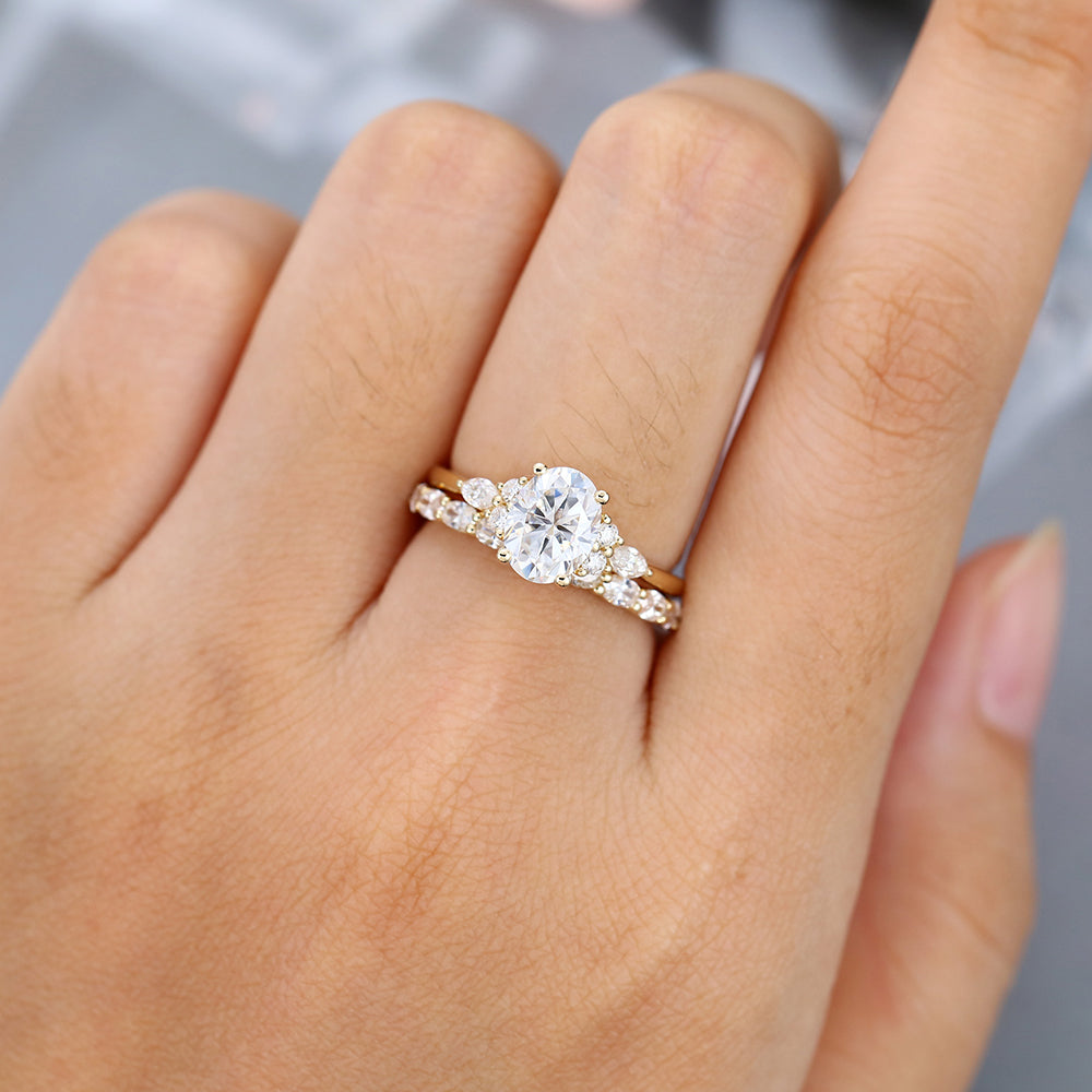 1.33 CT Oval Moissanite Cluster Bridal Ring Set - farrellouise