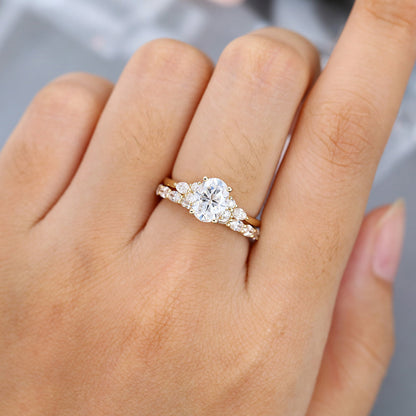 1.33 CT Oval Moissanite Cluster Bridal Ring Set - farrellouise