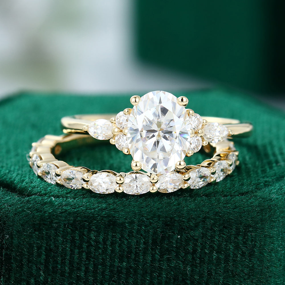 1.33 CT Oval Moissanite Cluster Bridal Ring Set - farrellouise