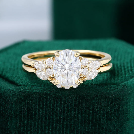 1.33 CT Oval Moissanite Cluster Bridal Ring Set - farrellouise