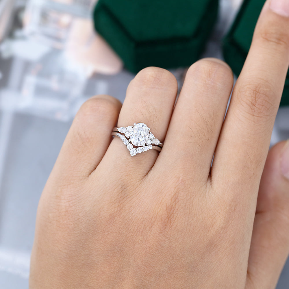 1.33 CT Oval Moissanite Cluster Bridal Ring Set - farrellouise