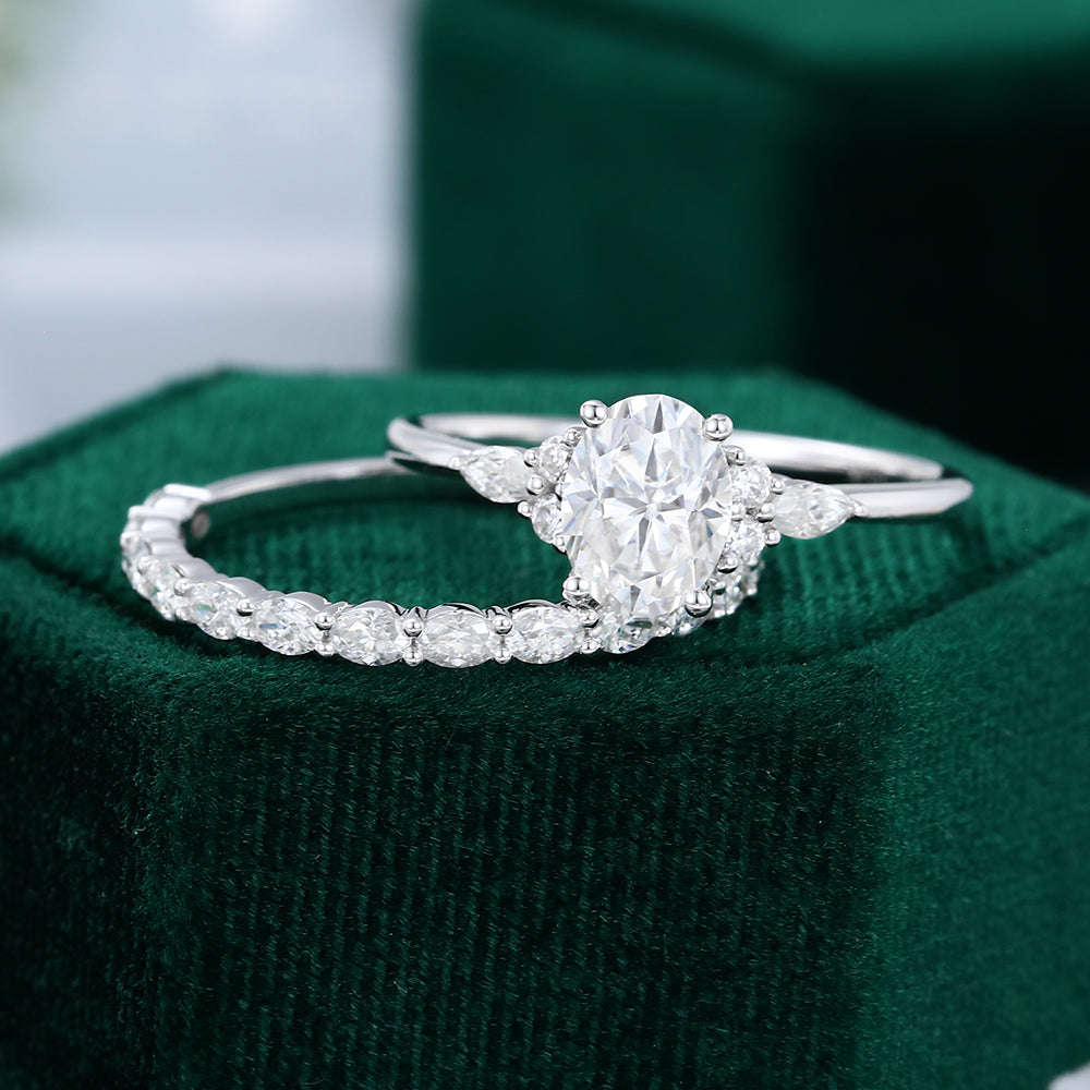 1.33 CT Oval Moissanite Cluster Bridal Ring Set - farrellouise