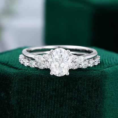 1.33 CT Oval Moissanite Cluster Bridal Ring Set - farrellouise