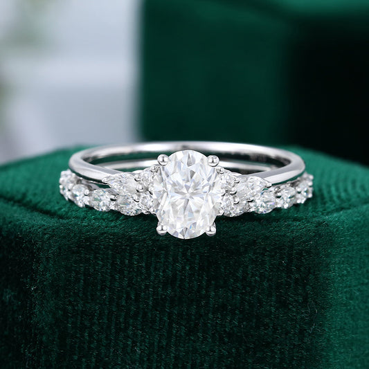 1.33 CT Oval Moissanite Cluster Bridal Ring Set - farrellouise