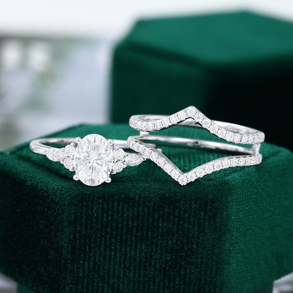 1.33 CT Oval Moissanite Cluster Bridal Ring Set - farrellouise
