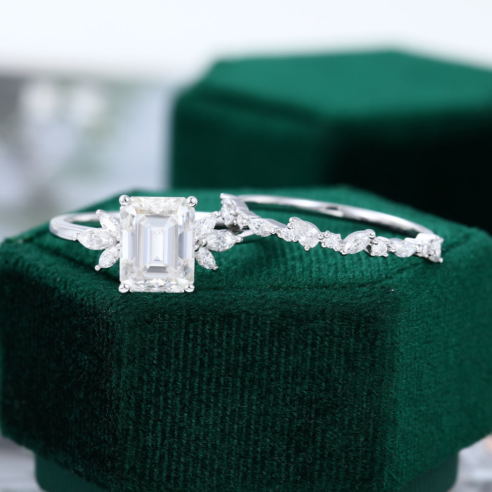 2.30 CT Emerald Moissanite Cluster Bridal Ring Set - farrellouise