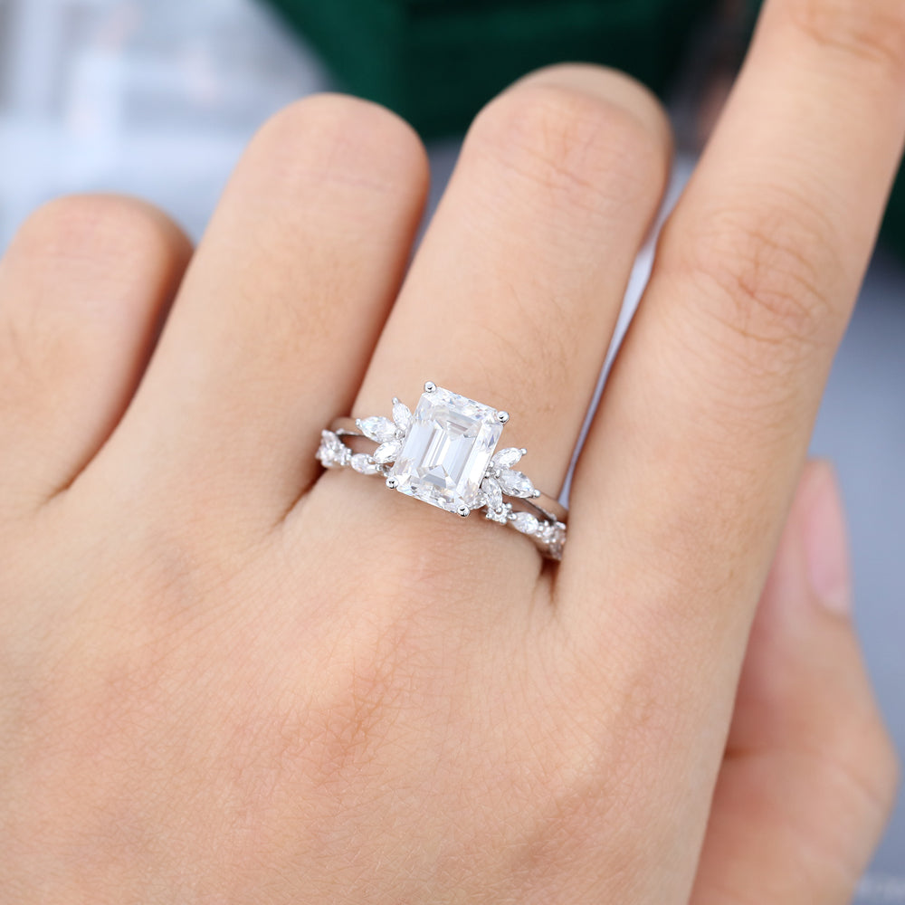 2.30 CT Emerald Moissanite Cluster Bridal Ring Set - farrellouise