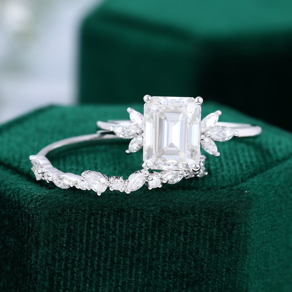 2.30 CT Emerald Moissanite Cluster Bridal Ring Set - farrellouise