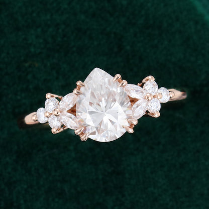 1.0 CT Pear Shaped Moissanite Cluster Engagement Ring - farrellouise