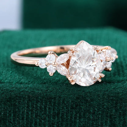 1.0 CT Pear Shaped Moissanite Cluster Engagement Ring - farrellouise