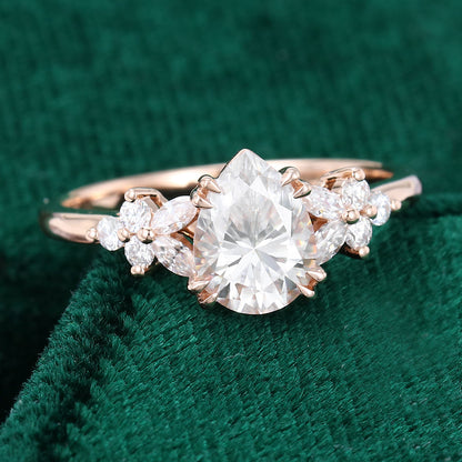 1.0 CT Pear Shaped Moissanite Cluster Engagement Ring - farrellouise
