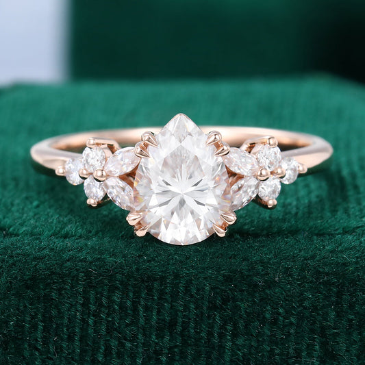 1.0 CT Pear Shaped Moissanite Cluster Engagement Ring - farrellouise
