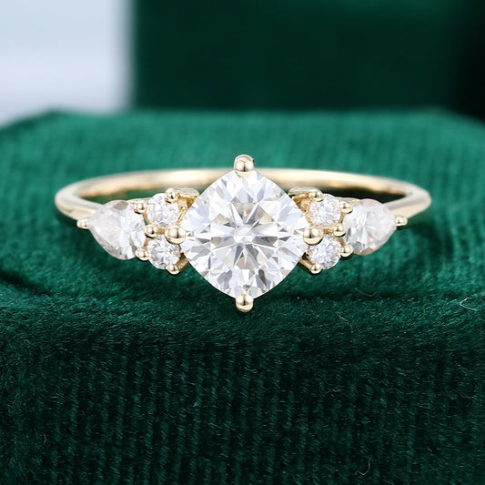 0.96 CT Cushion Shaped Moissanite Cluster Engagement Ring - farrellouise