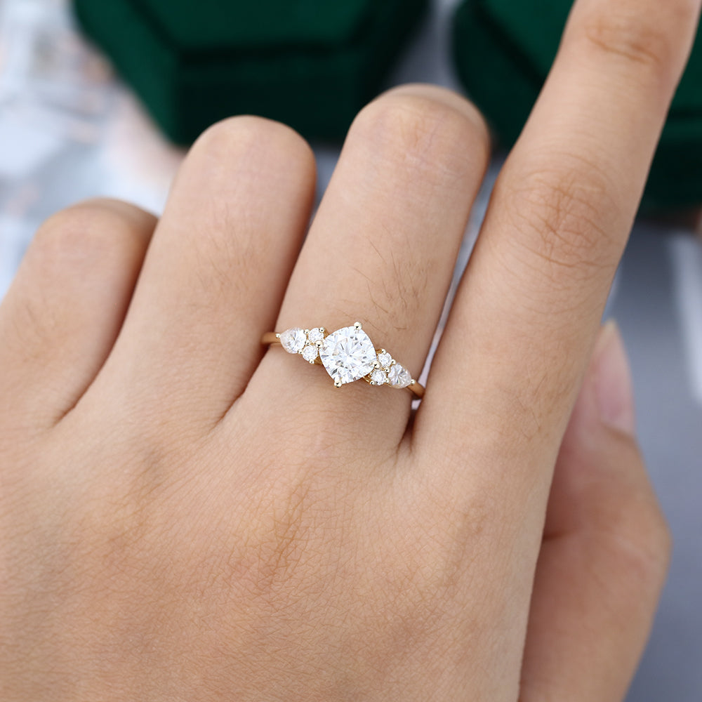 0.96 CT Cushion Shaped Moissanite Cluster Engagement Ring - farrellouise