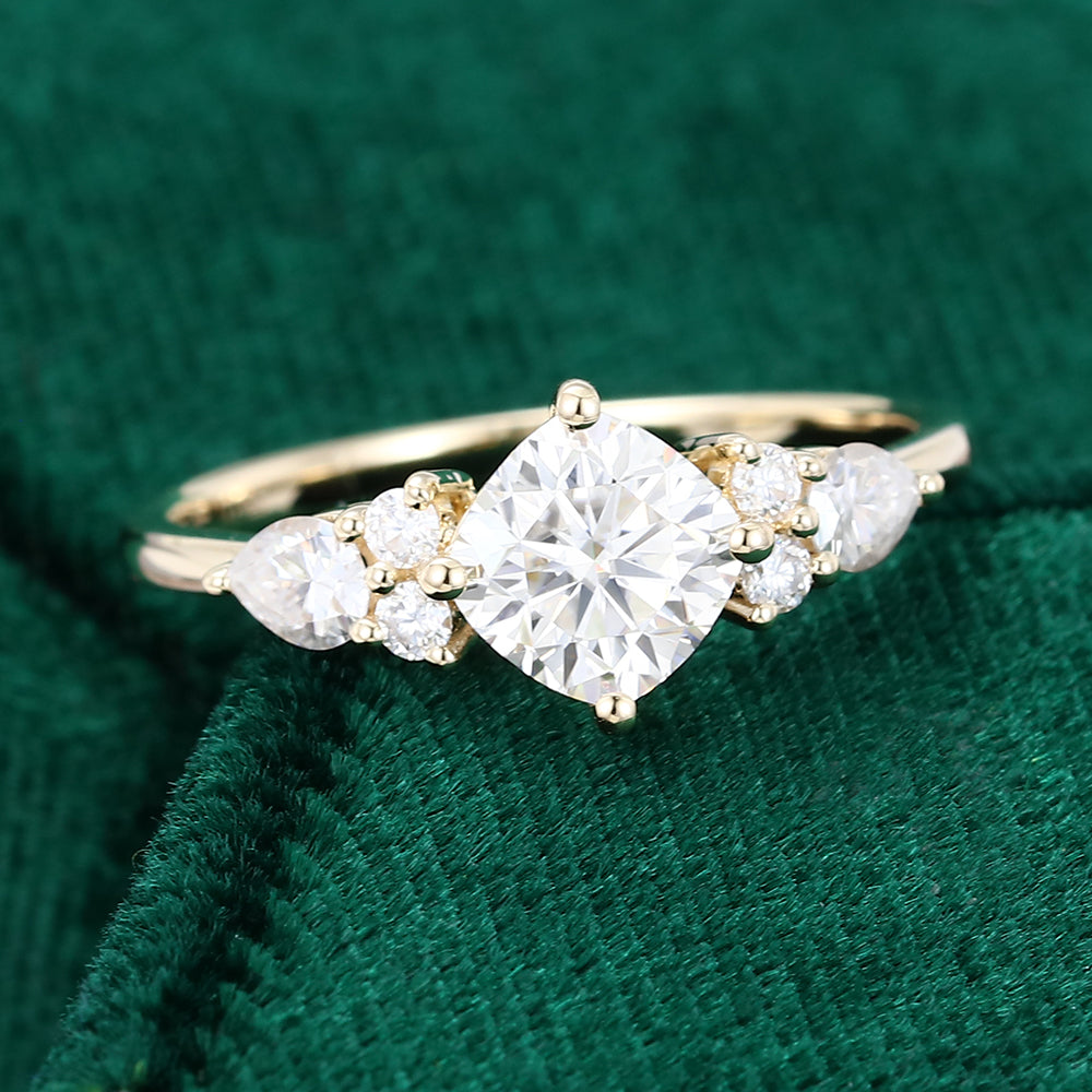 0.96 CT Cushion Shaped Moissanite Cluster Engagement Ring - farrellouise