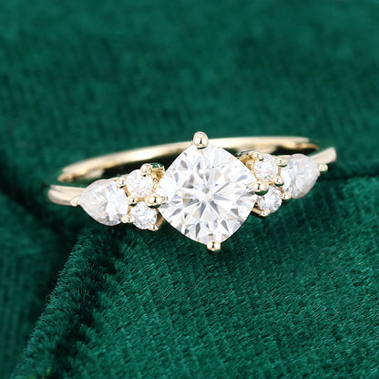 0.96 CT Cushion Shaped Moissanite Cluster Engagement Ring - farrellouise
