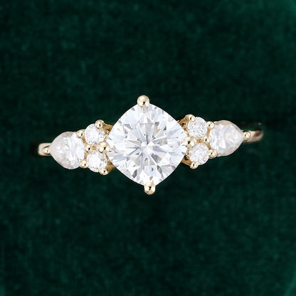 0.96 CT Cushion Shaped Moissanite Cluster Engagement Ring - farrellouise